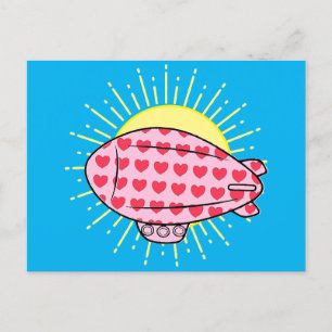 Pink Blimp Balloon Red Heart Pattern Custom Postkarte
