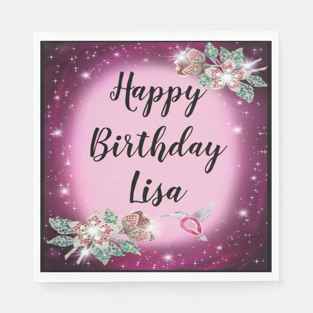 Pink Bling Floral Bird Geburtstag Serviette (Vorderseite)