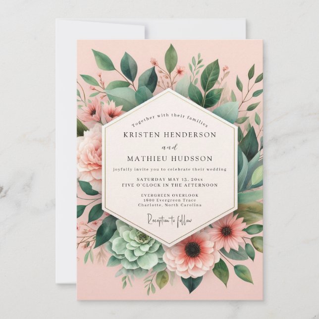 Pink Bloom Botanical Wedding Einladung (Vorderseite)