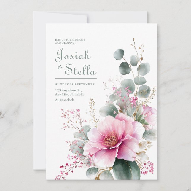 Pink Bloom Eucalyptus Gold Glitter Watercolor Einladung (Vorderseite)
