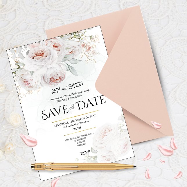 Pink Bloom Rose Save the Date Einladung Hochzeit (Von Creator hochgeladen)