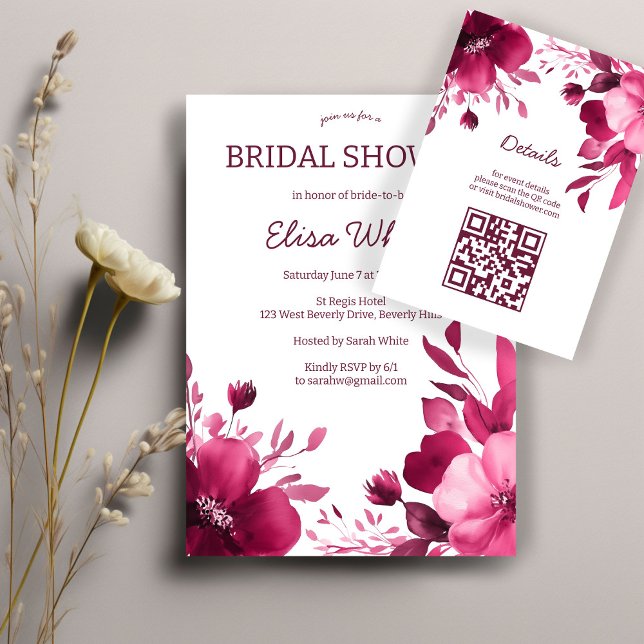 Pink Blooms Watercolor Brautparty CUSTOM QR Begleitkarte (Pink Blooms Watercolor Bridal Shower CUSTOM QR Enclosure Card
)