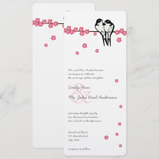 Pink Blossom Bezauberter Wald Chickadee Hochzeit Einladung (Vorne/Hinten)