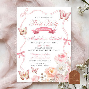 Pink Blossom Floral Butterfly erste heilige Kommun Einladung