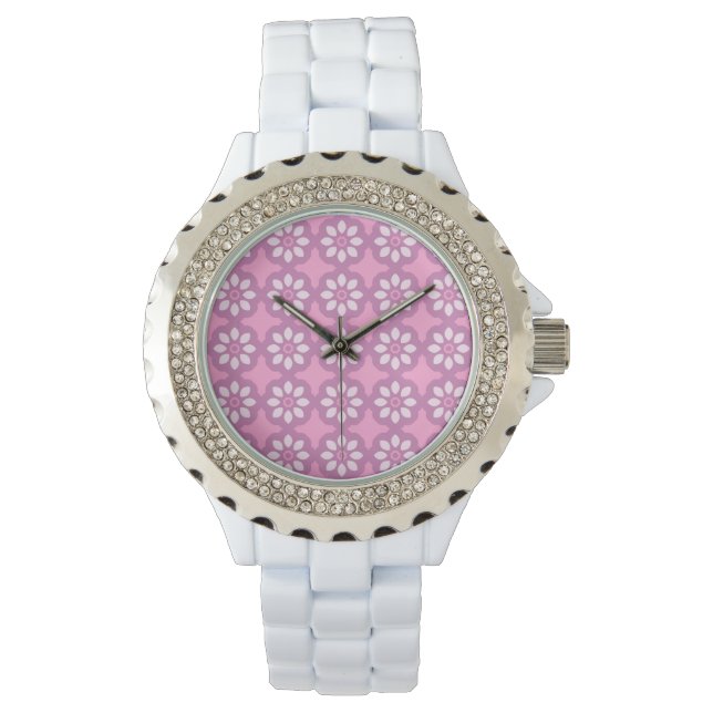Pink Blossom Retro Tile Pattern Armbanduhr (Vorderseite)