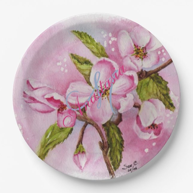 PINK BLOSSOM SPRING PARTY MONOGRAM PAPPTELLER (Vorderseite)