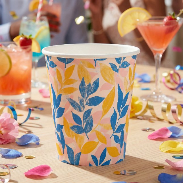 Pink, Blue, and Yellow Lithograph Floral Wedding Pappbecher (Pink, Blue, and Yellow Lithograph Floral Wedding Paper Cups.)