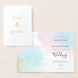 Pink Blue Aquamarin Watercolor Names Wedding Gold Folienkarte