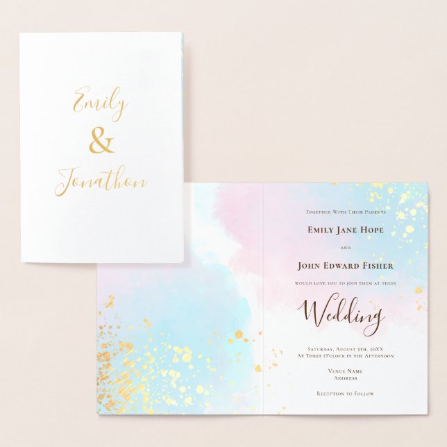 Pink Blue Aquamarin Watercolor Names Wedding Gold Folienkarte (Anzeige)