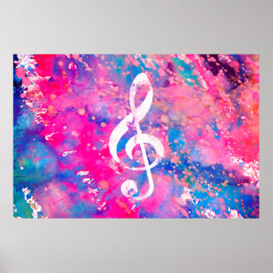 Pink Blue Aquarellfarben Musiknote Treble Clef Poster