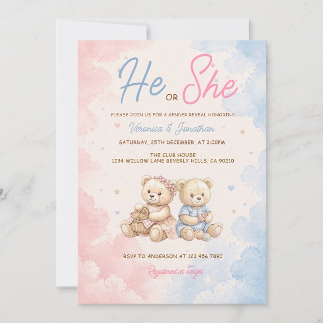 Pink & Blue Bear Er oder Sie Geschlechtsenthüllung Einladung (Vorderseite)