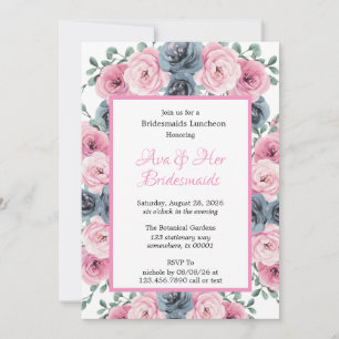 Pink & Blue Blooms Bouquet Bridesmaids Luncheon Einladung