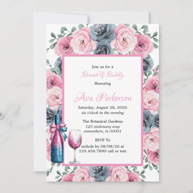 Pink & Blue Blooms Bouquet Brunch und Bubbly Einladung (Vorderseite)