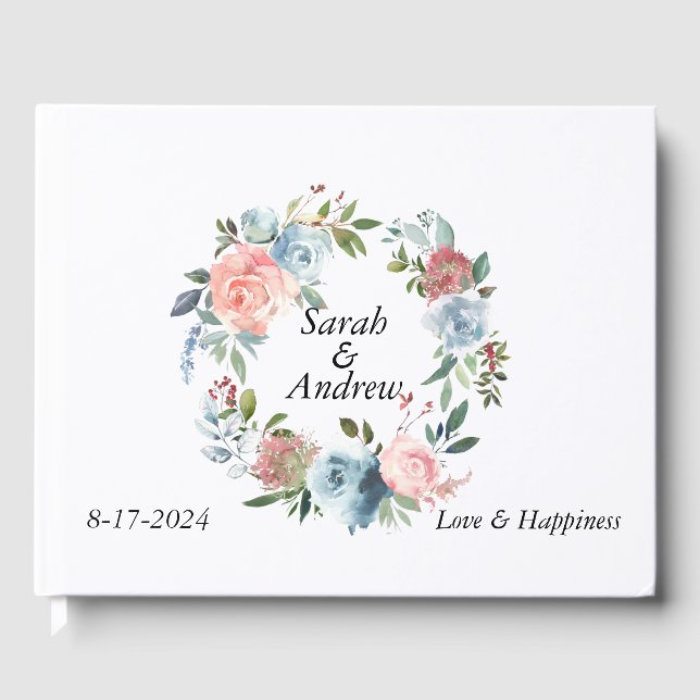 Pink Blue Boho Greenerenery Wreath Wedding Gästebuch (Vorderseite)