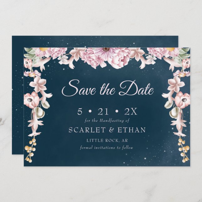 Pink & Blue Boho Starry Night Sky Handfasts Save The Date (Vorne/Hinten)