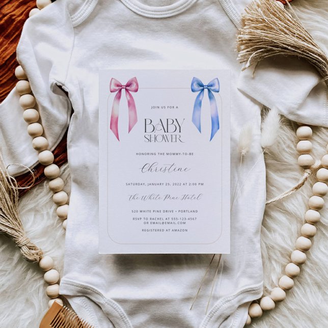 Pink Blue Bow Gender Neutral Baby Dusche Einladung (Von Creator hochgeladen)