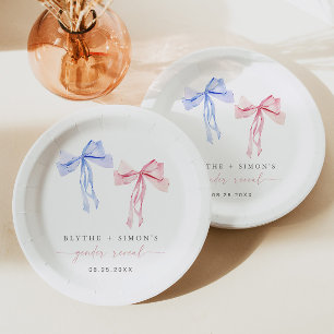 Pink Blue Bow Gender Reveal Paper Plate Coquette Pappteller