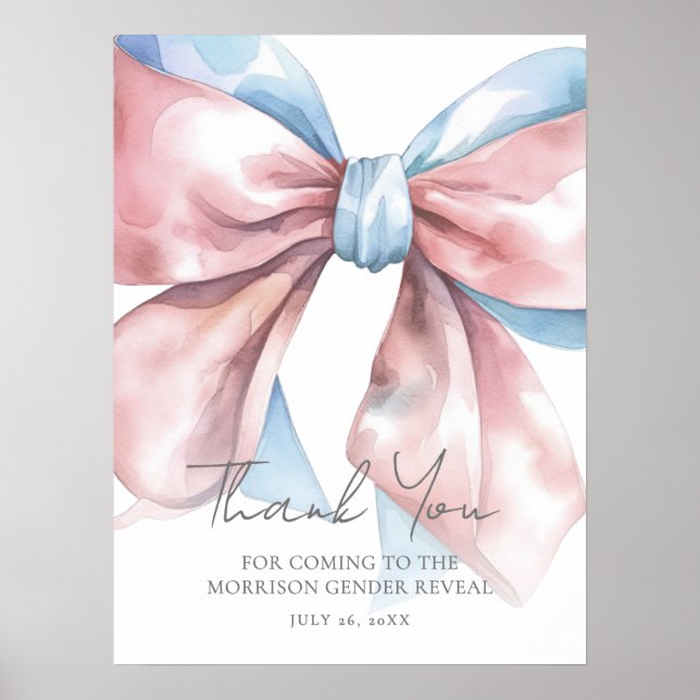 Pink Blue Bow Gender Reveal Thank You Sign Poster (Vorne)