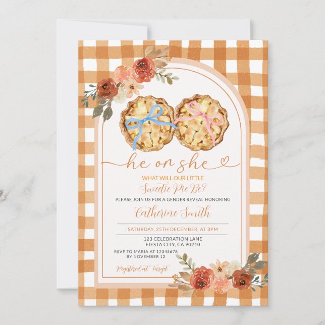 Pink Blue Bow Pumpkin Pie Gender Reveal Gingham Einladung (Vorderseite)