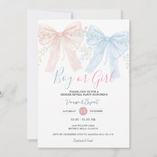 Pink & Blue Bow Watercolor Reveal Party Einladung