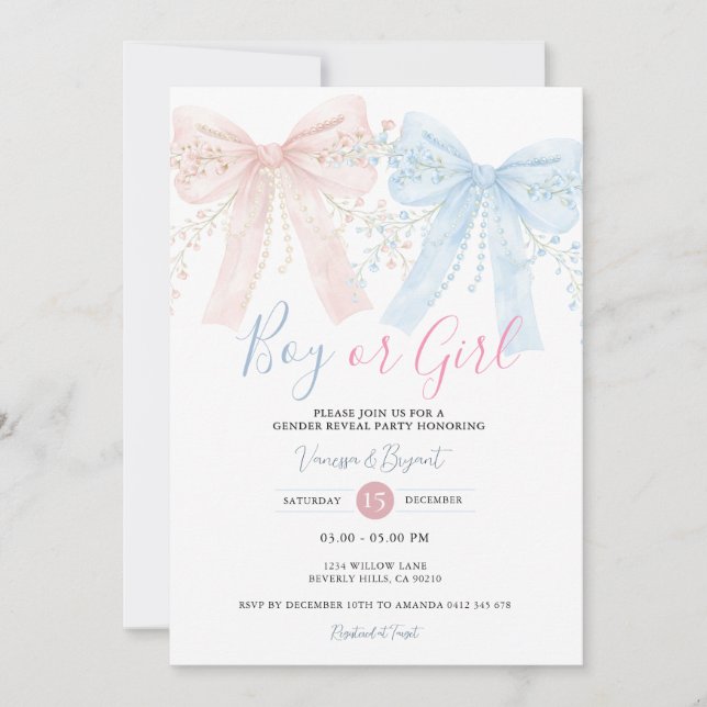 Pink & Blue Bow Watercolor Reveal Party Einladung (Vorderseite)