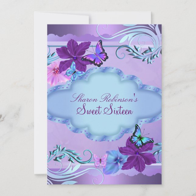 Pink & Blue Butterfly Garden Sweet 16 Invite Einladung (Vorderseite)