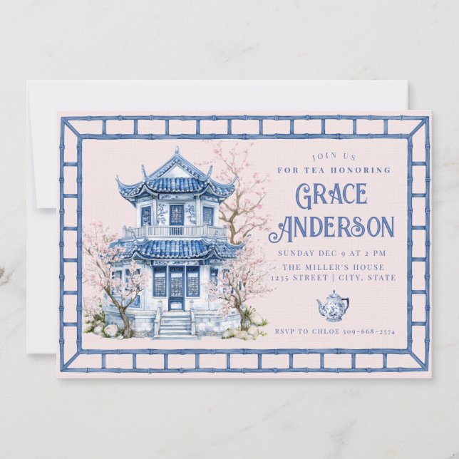 Pink & Blue Chinoiserie Bamboo Einladung (Vorderseite)