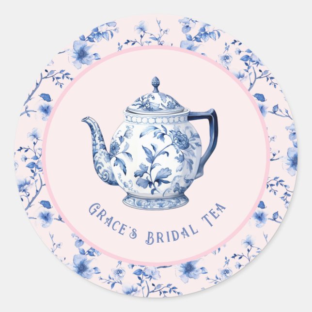 Pink & Blue Chinoiserie Teatro Sociale | Bridal Te Runder Aufkleber (Vorderseite)