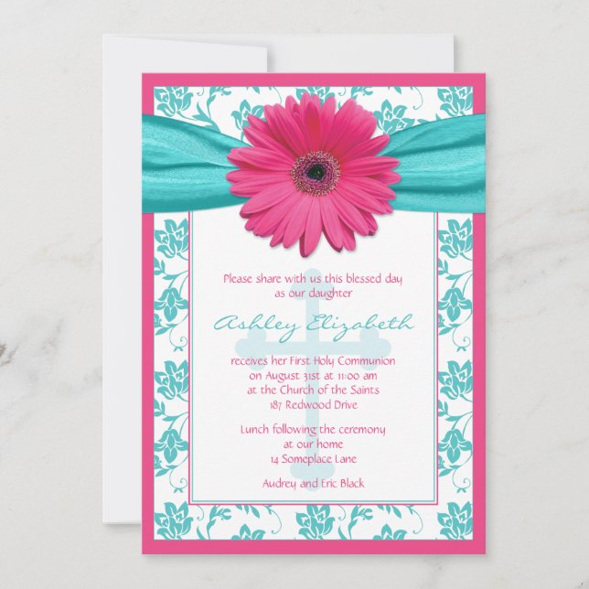 Pink Blue Daisy Damask Erste Einladung (Vorderseite)