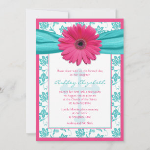 Pink Blue Daisy Damask Erste Einladung