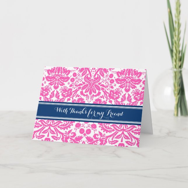 Pink Blue Damask Danke, Bridesmaid Friend Dankeskarte (Vorderseite)