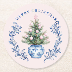 Pink & Blue Damask Wappen Weihnachtsbaum Runder Pappuntersetzer