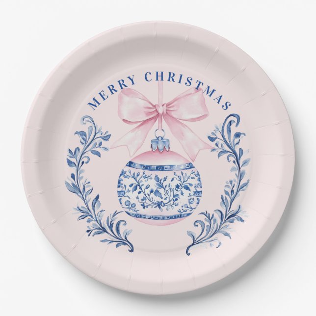 Pink & Blue Damask Wappen Weihnachtsschmuck Pappteller (Vorderseite)
