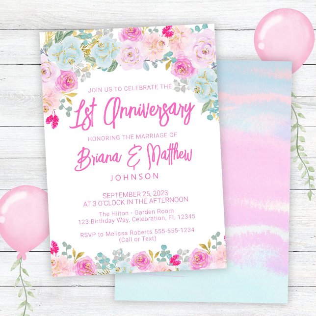 Pink Blue Floral 1. Hochzeitstag Einladung (Von Creator hochgeladen)
