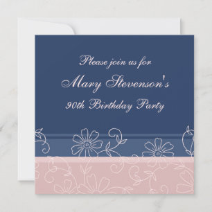 Pink Blue Floral 90. Geburtstagsparty Einladungen