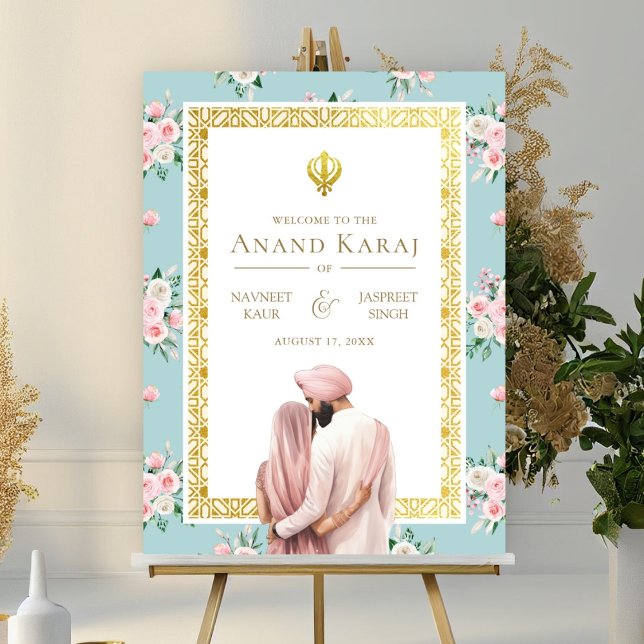 Pink Blue Floral Anand Karaj Wedding Begrüßungszei Poster (Von Creator hochgeladen)