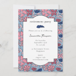 Pink Blue Floral Block Print Retirement Party Einladung
