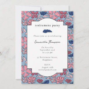 Pink Blue Floral Block Print Retirement Party Einladung