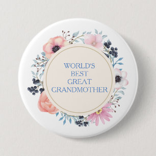 Pink Blue Floral Bouquet Best Great Großmutter Button