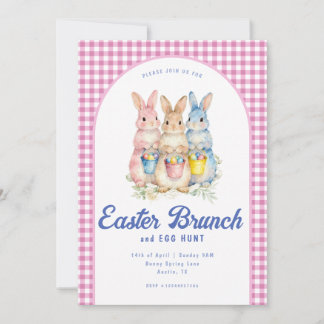 Pink Blue Floral Bunny Watercolor Gingham Easter Einladung