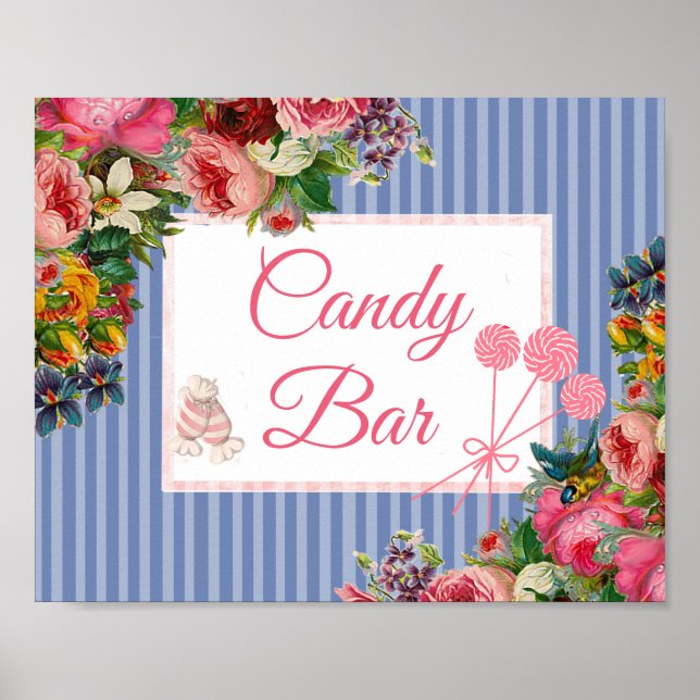 Pink & Blue Floral Candy Bar Wedding Sign Poster (Vorne)