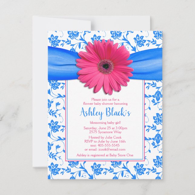 Pink Blue Floral Gerbera Daisy Baby Dusche Einladung (Vorderseite)