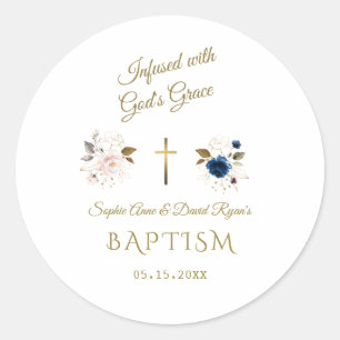 Pink Blue Floral Gold Kalligrafie Twins Taufe Runder Aufkleber