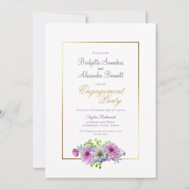 Pink Blue Floral Gold Partnerschaft Einladung (Vorderseite)