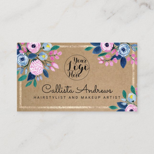 Pink Blue Floral Gold Watercolor Kraft Paper Visitenkarte (Vorderseite)