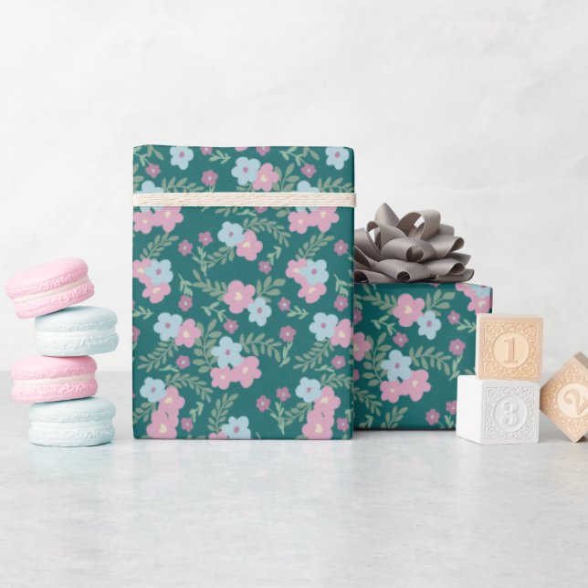 Pink & Blue Floral Pattern on Teal – Modern Geschenkpapier (Babyparty)