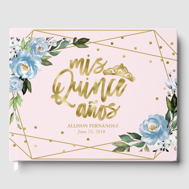 Pink Blue Floral Quinceanera Gästebuch (Vorderseite)