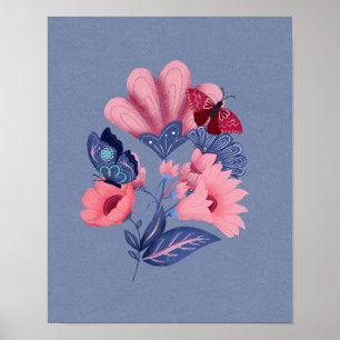 Pink Blue Floral Schmetterlinge Kunst Poster
