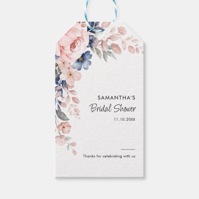 Pink Blue Floral Script Brautparty Geschenkanhänger (Vorderseite)