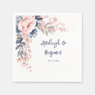 Pink Blue Floral Script Hochzeitsschrift Botanisch Serviette